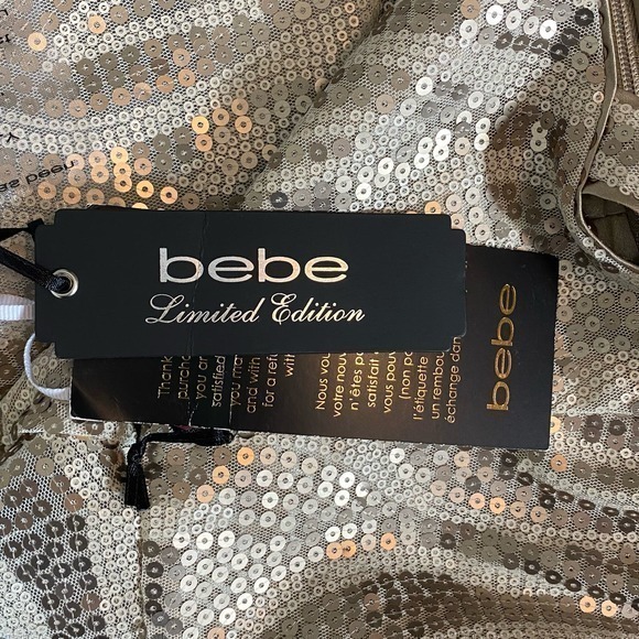 Bebe Sequined Deep V-Neck Fit and Flare Mini Dress Womens 10 Gold NWT - Picture 8 of 8